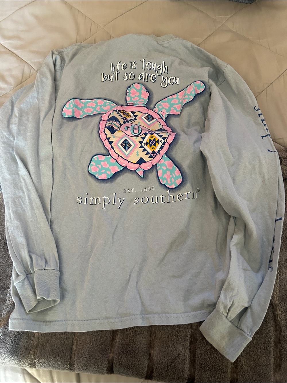 Simply Southern Light Blue Long Sleeve Tee with Pink & Aqua Turtle